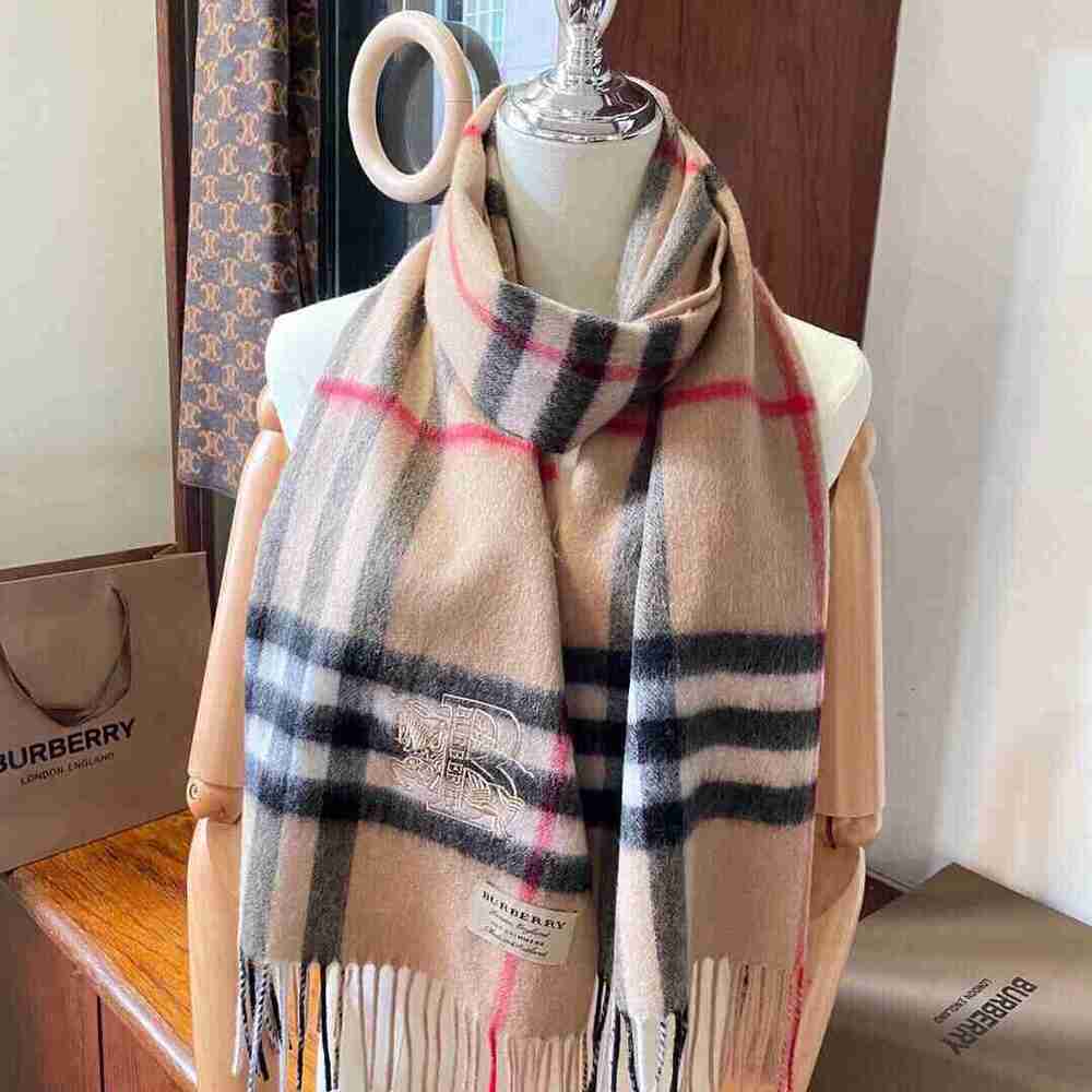 Burberry Classic Camel Check Fringe Scarf Embroidered Knight Logo Winter Wrap